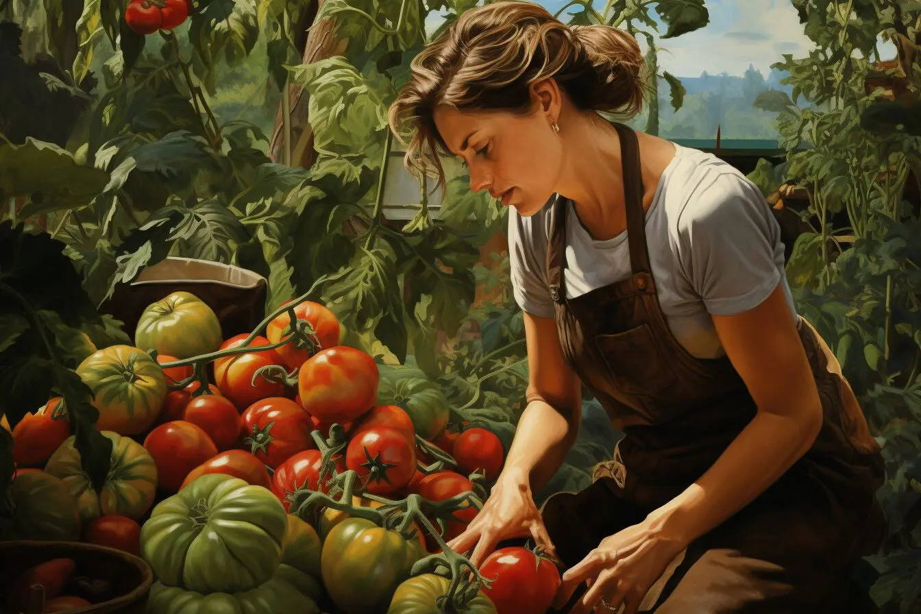 squaddeepfx_woman_piacking_tomatoes_from_backyard_garden_photor_a6288d8f-1f49-4af1-aae1-7baa2c2584a1