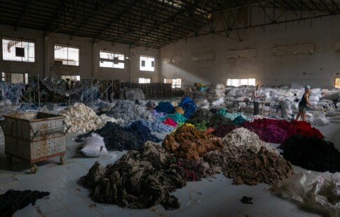 Piles of fabric scrap in a textile factory.