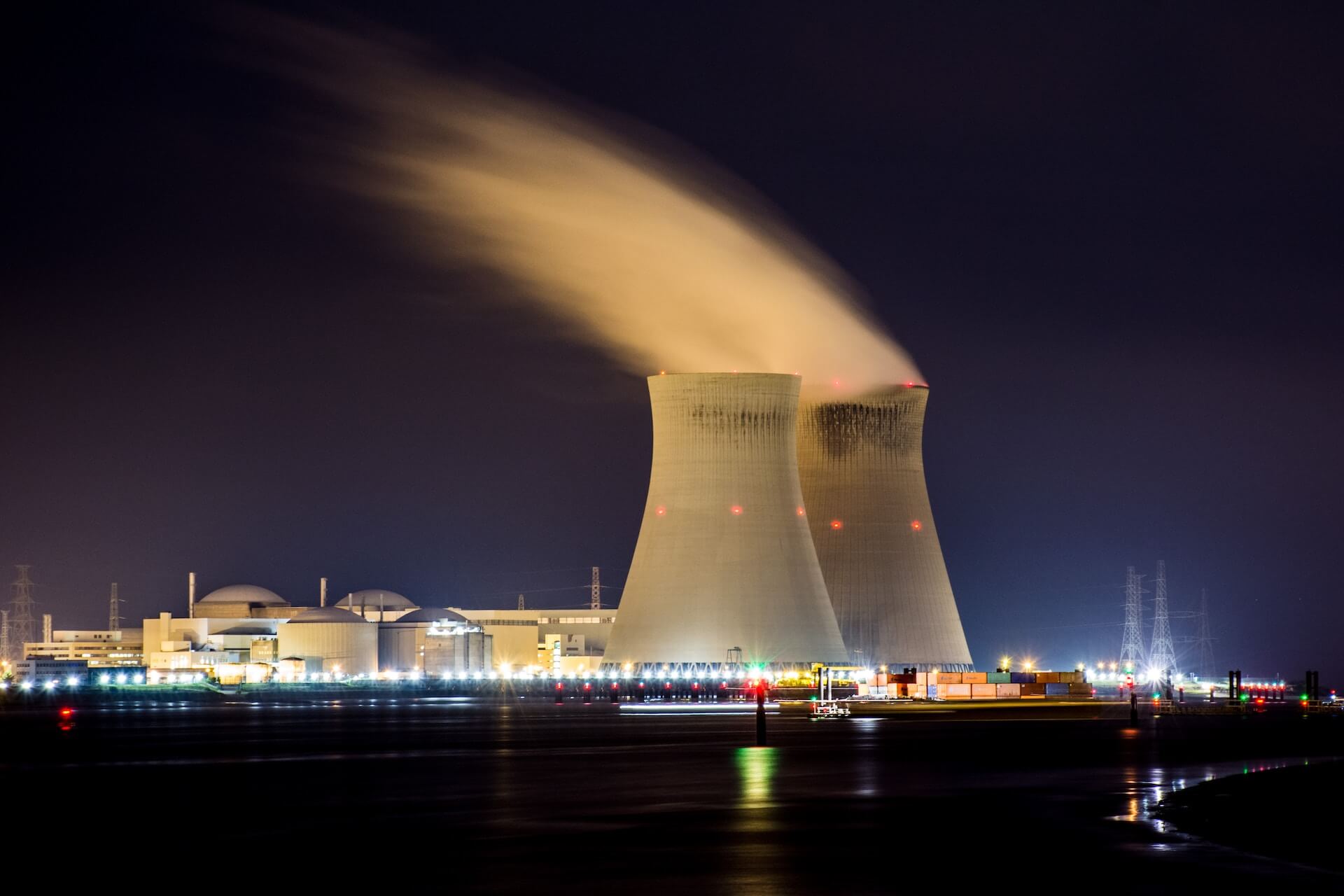 Nuclear power plant at night in Antwerpen, Belgium.