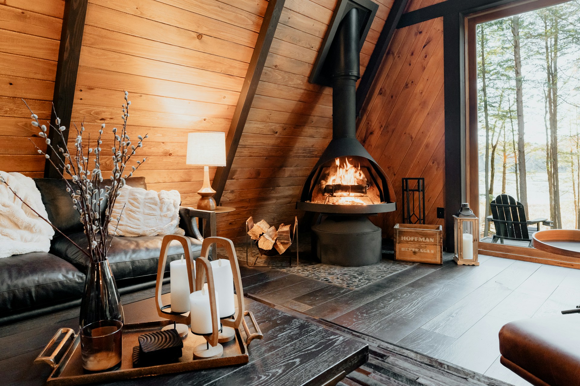 Cozy wood cabin with a fireplace