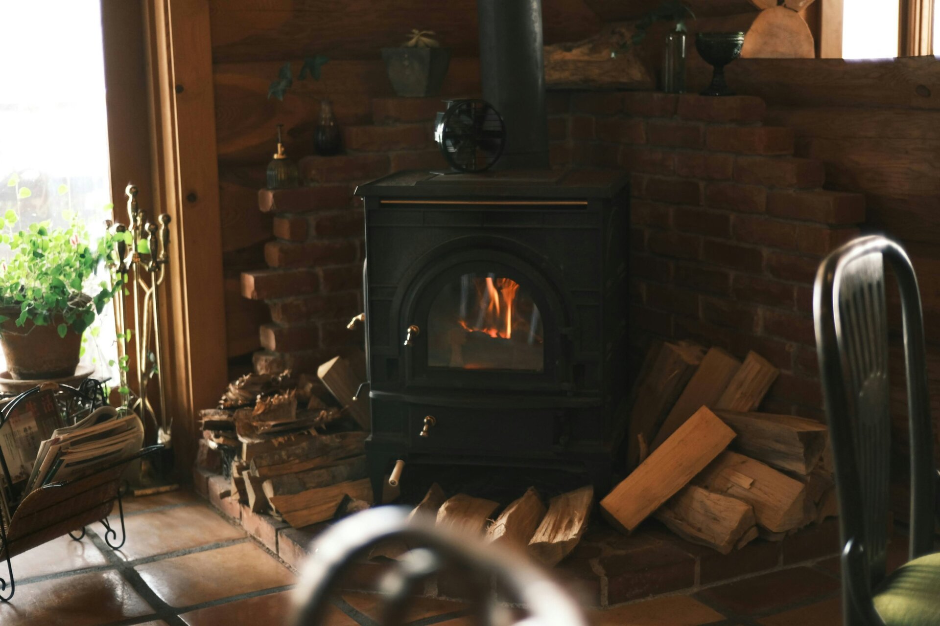 Wood-burning heater inside a house
