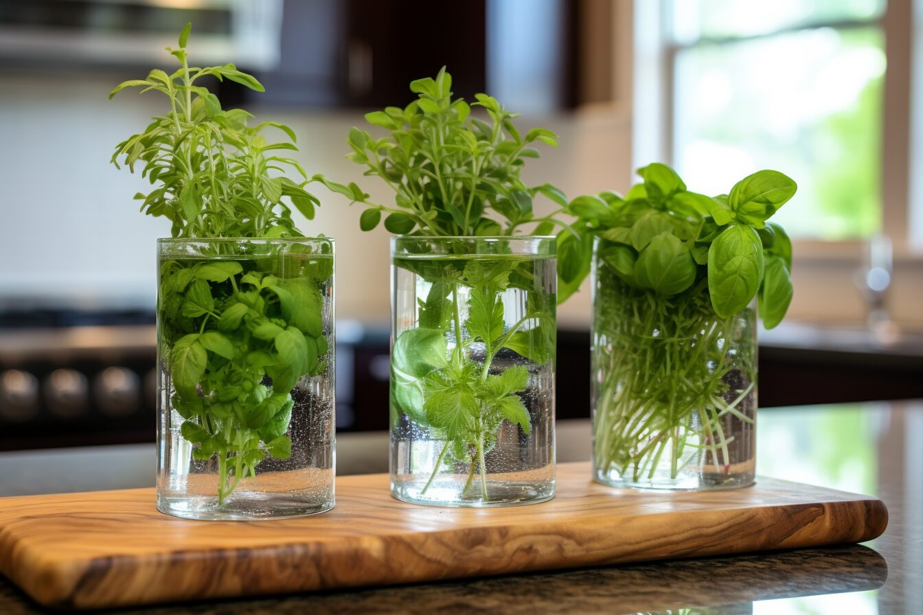 herbs growing in vases filled with water