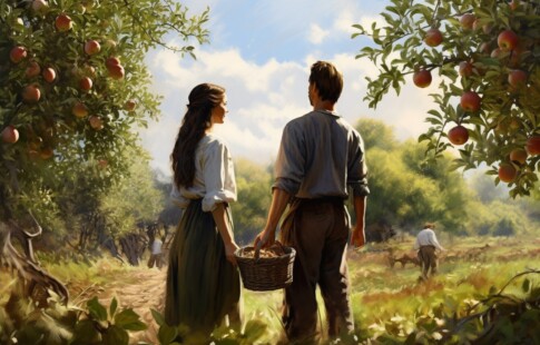 man and woman standing in apple orchard