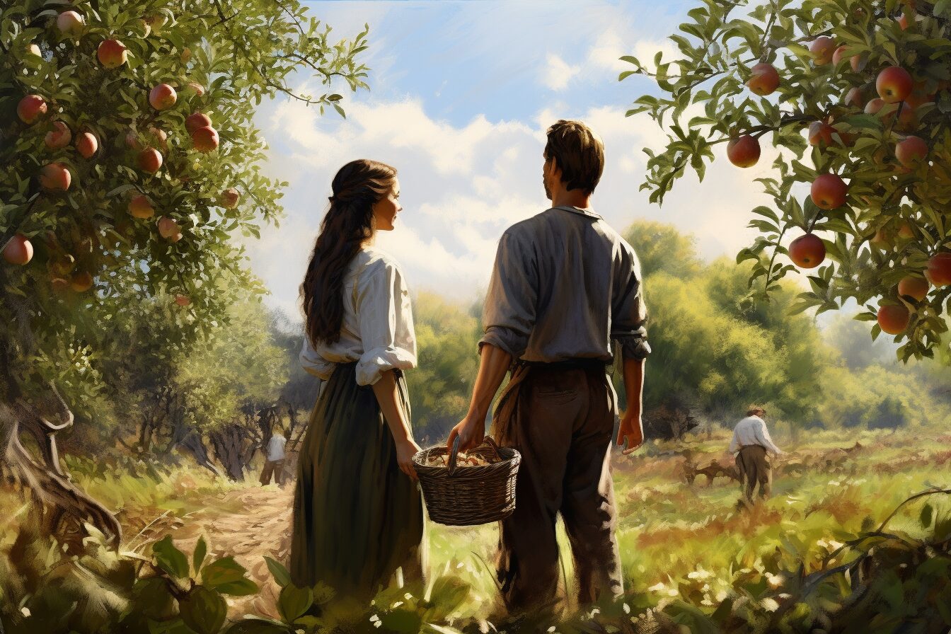 man and woman standing in apple orchard