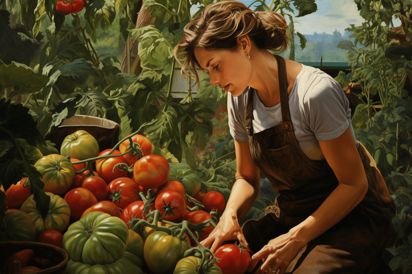 woman picking tomatoes in backyard garden