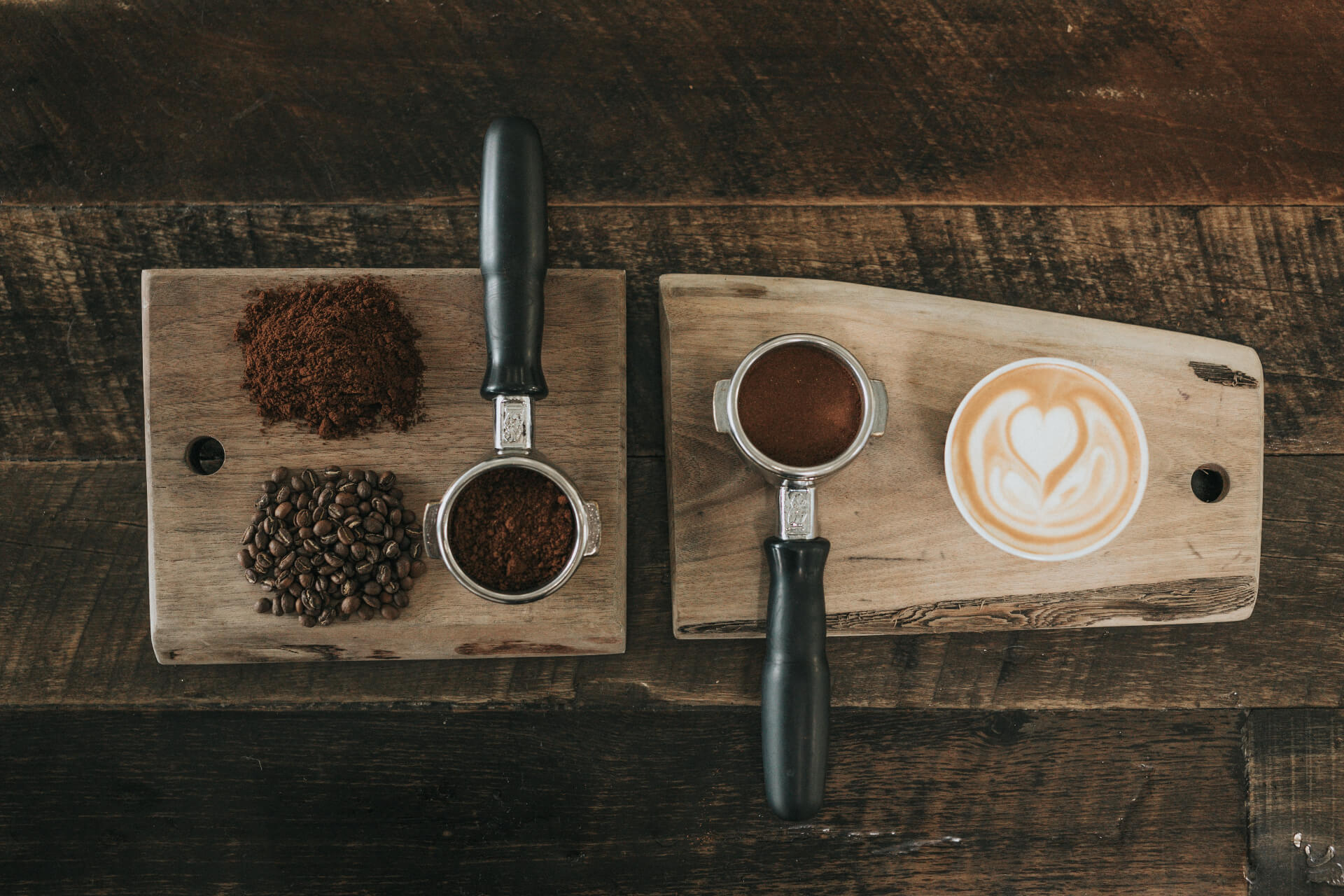 coffee tools with beans and latte