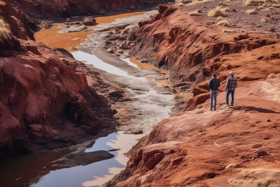 people standing beside dried up stream