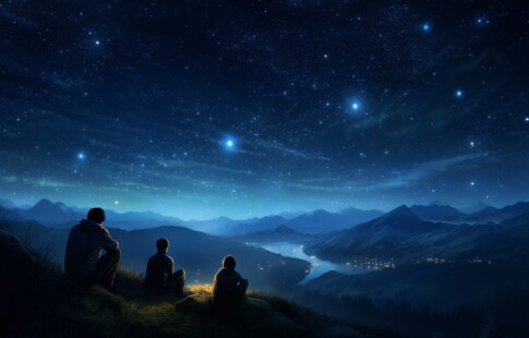group of people stargazing