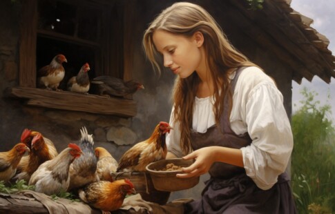 woman feeding chickens