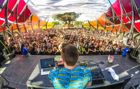 dj in front of a crowd at outdoor music festival