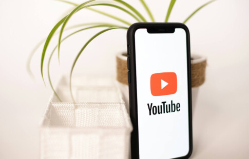 phone showing YouTube logo with a plant behind it