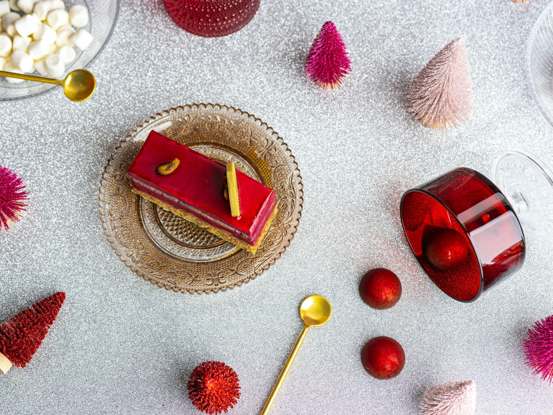 red and gold decorations and food for holiday