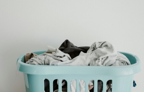 laundry in a blue basket