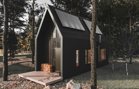 A tiny home in the woods with solar panels